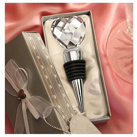 Crystal heart wine stopper with chrome stem and black collar in gift box