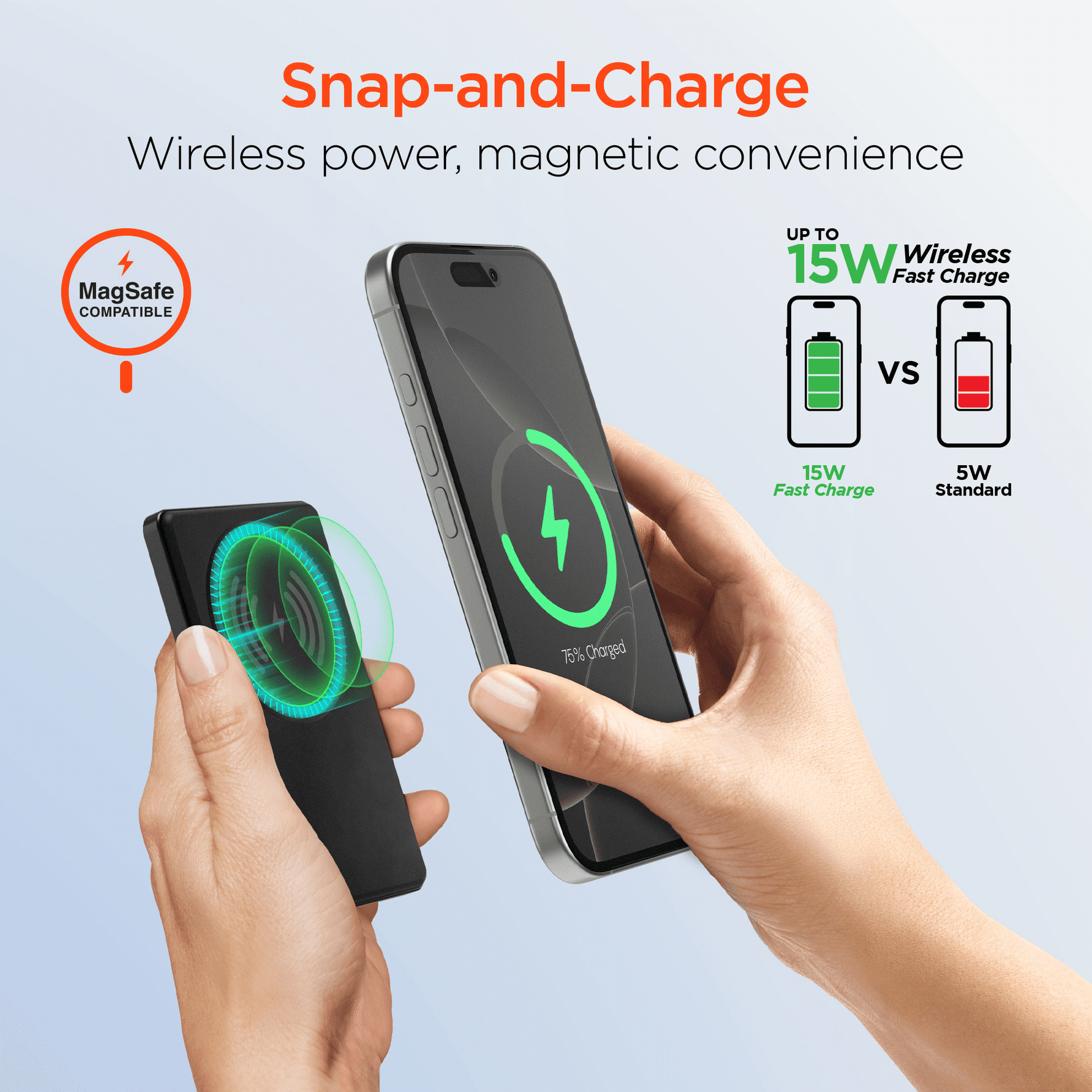 Black slim wireless magnetic power bank attached to a smartphone in hand