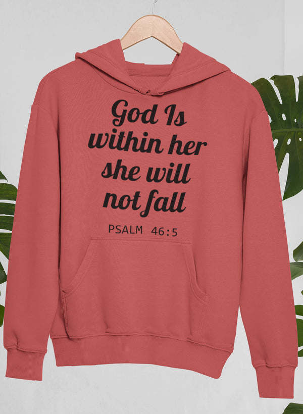 Red pullover hoodie with 'God Is within her...' and 'Psalm 46:5' chest print, front pocket.
