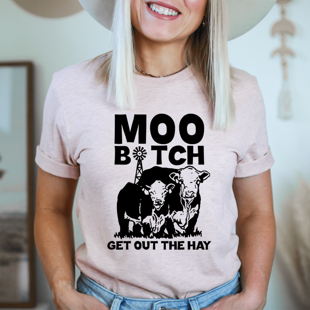 Heather mauve short-sleeve T-shirt with black cow graphic and 'GET OUT THE HAY' text