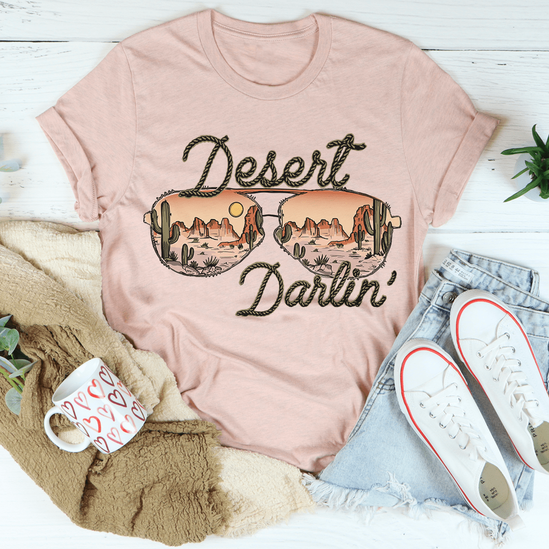 Blush pink crew-neck Desert Darlin' graphic T-shirt with desert art.