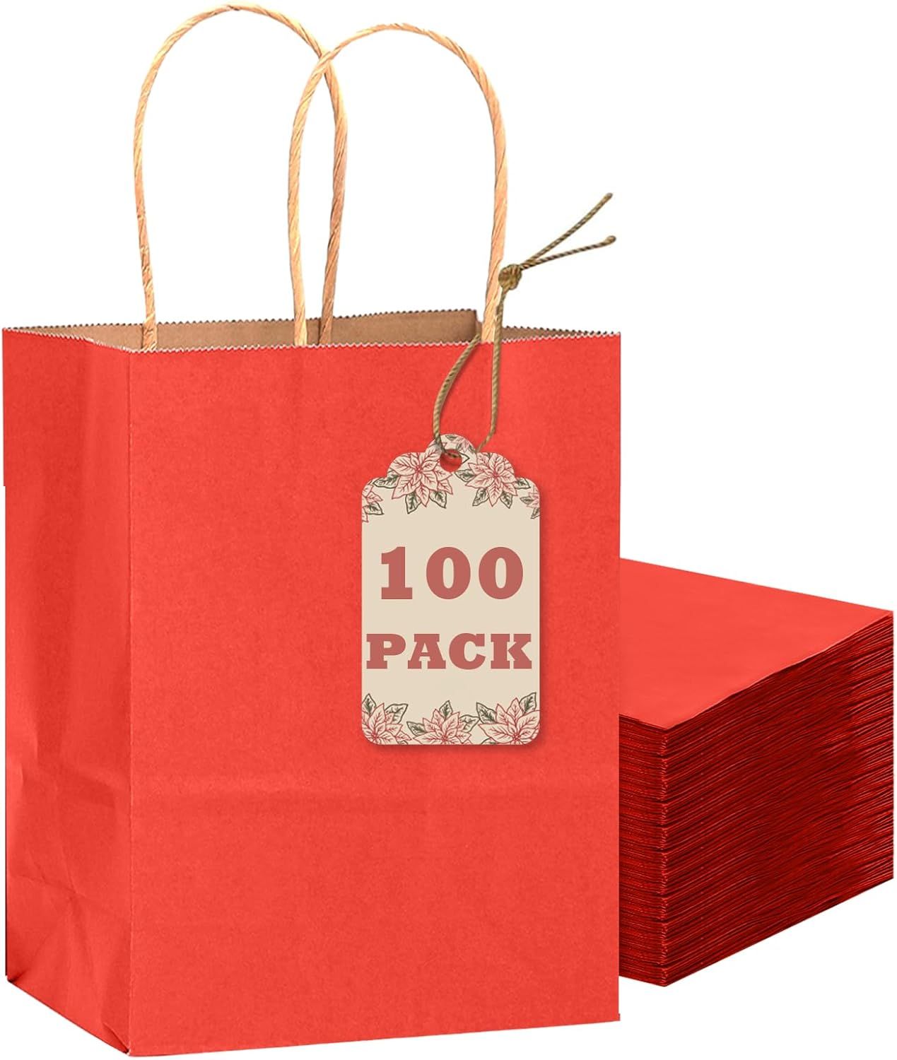 100PCS Gift Bag with Handles Bulk Kraft Red Paper Bags Multiple Uses (8.3"x3"x6"inch Small Size)