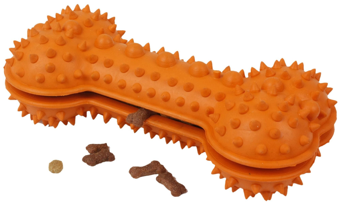 Orange TPR dental bone dog toy with raised nubs, ridged treat channel, kibble pieces