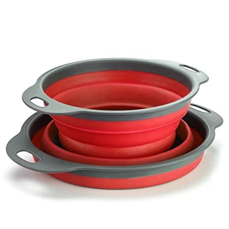Collapsible silicone colander set of 2, nested red bowls with gray rims and handles