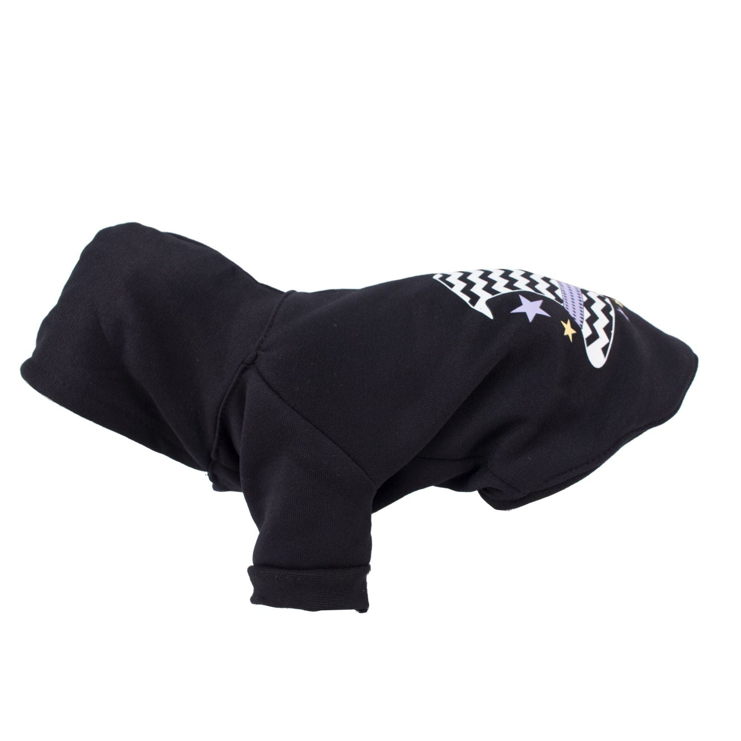 Dark hooded pet sweater costume with rear zigzag hat graphic and star patches on upper back