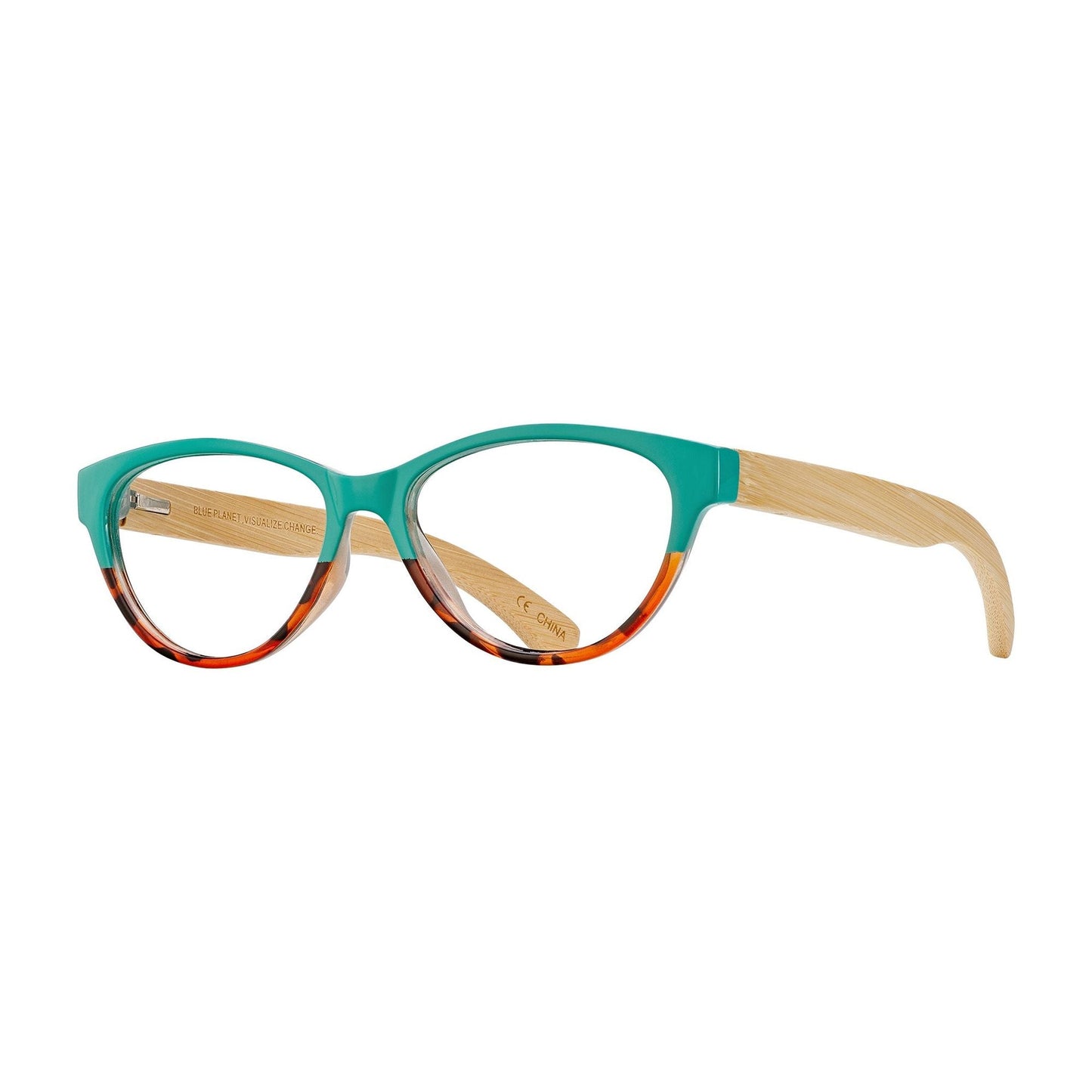 LUCIA Readers eyeglasses with teal frame, clear lenses, and wood-look temples