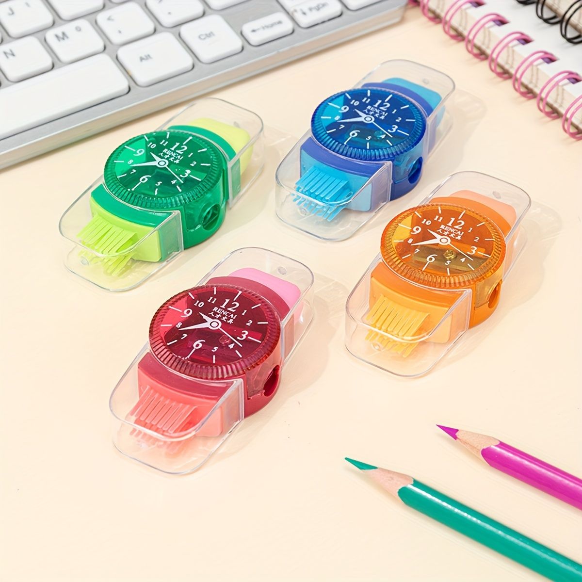 4pcs Creative Watch Shape Pencil Sharpener With Eraser Cleaning Brush 3 In 1 Multifunctional Student Stationery