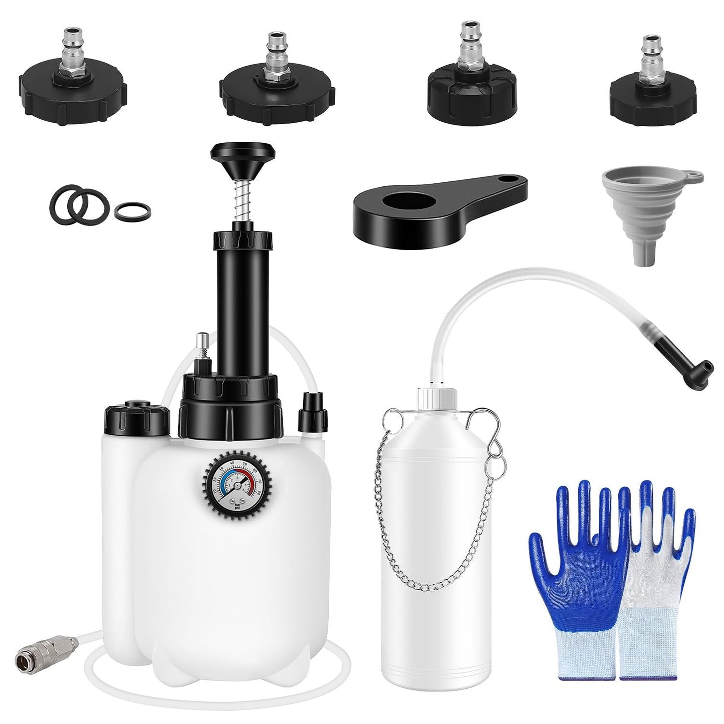 Brake bleeder kit parts: white pump, black adapters, pressure gauge, funnel, blue gloves
