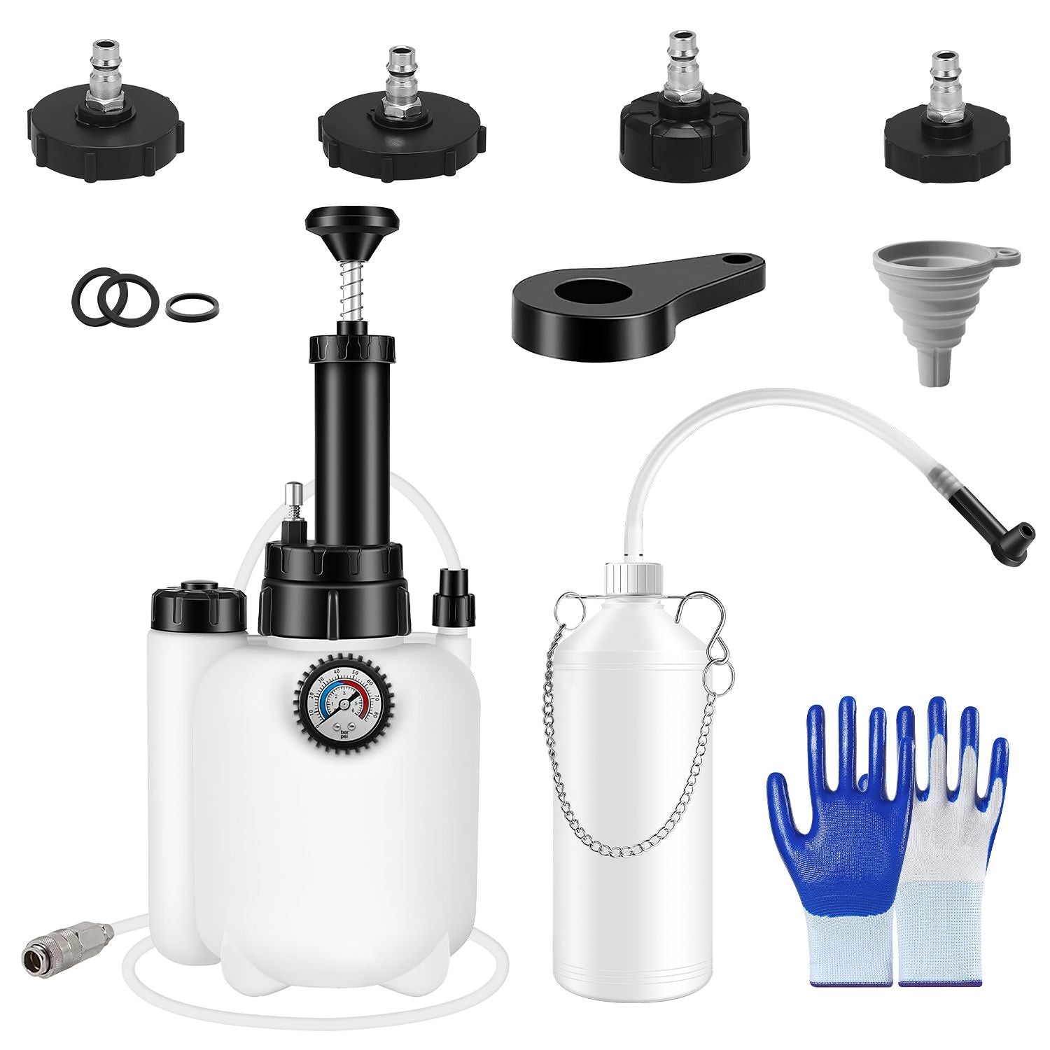 Brake bleeder kit parts: white pump, black adapters, pressure gauge, funnel, blue gloves