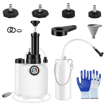 Brake bleeder kit parts: white pump, black adapters, pressure gauge, funnel, blue gloves