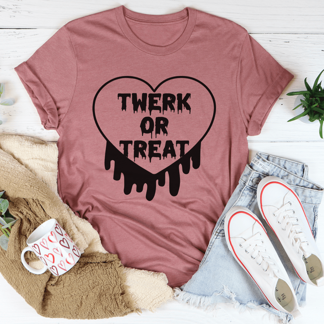 Mauve T-shirt with black heart graphic reading "TWERK OR TREAT".
