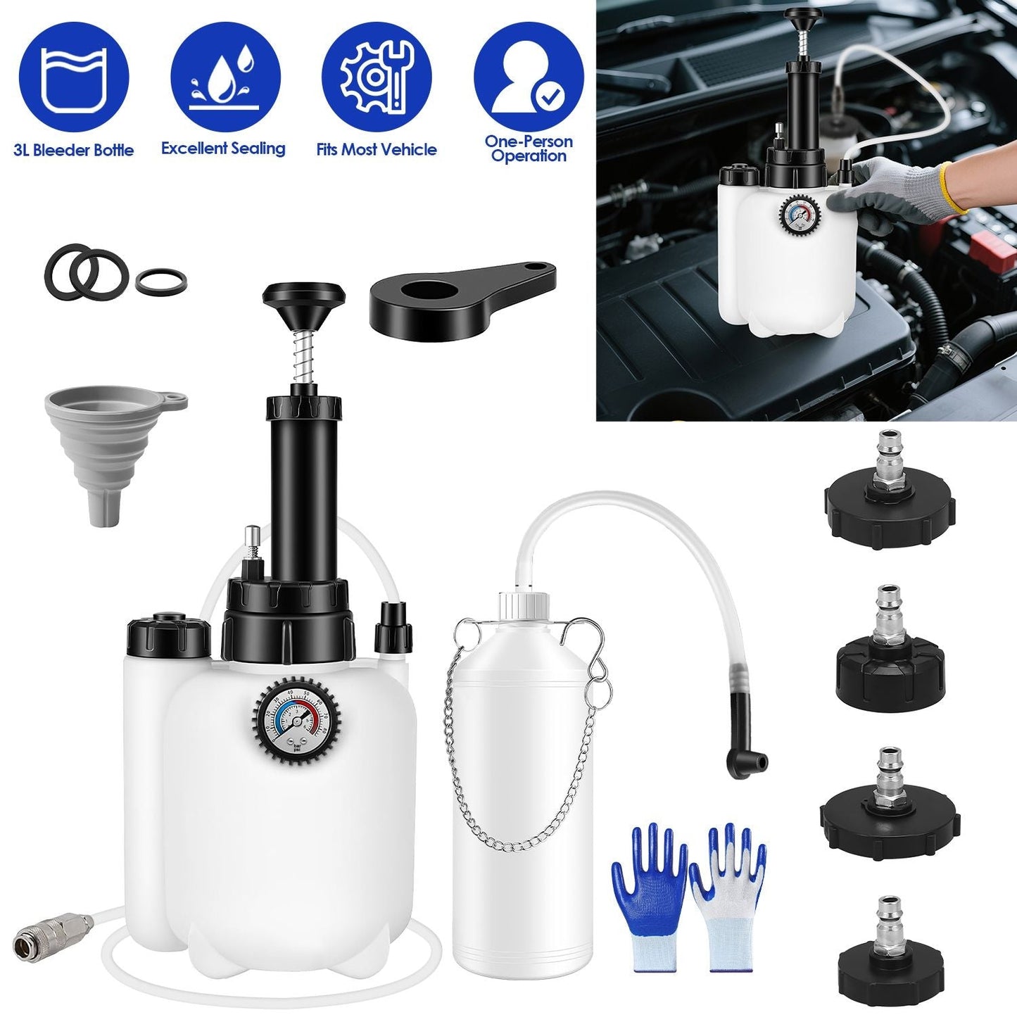 Brake pressure bleeder pump kit with white 3L reservoir, gauge, hoses, and adapters