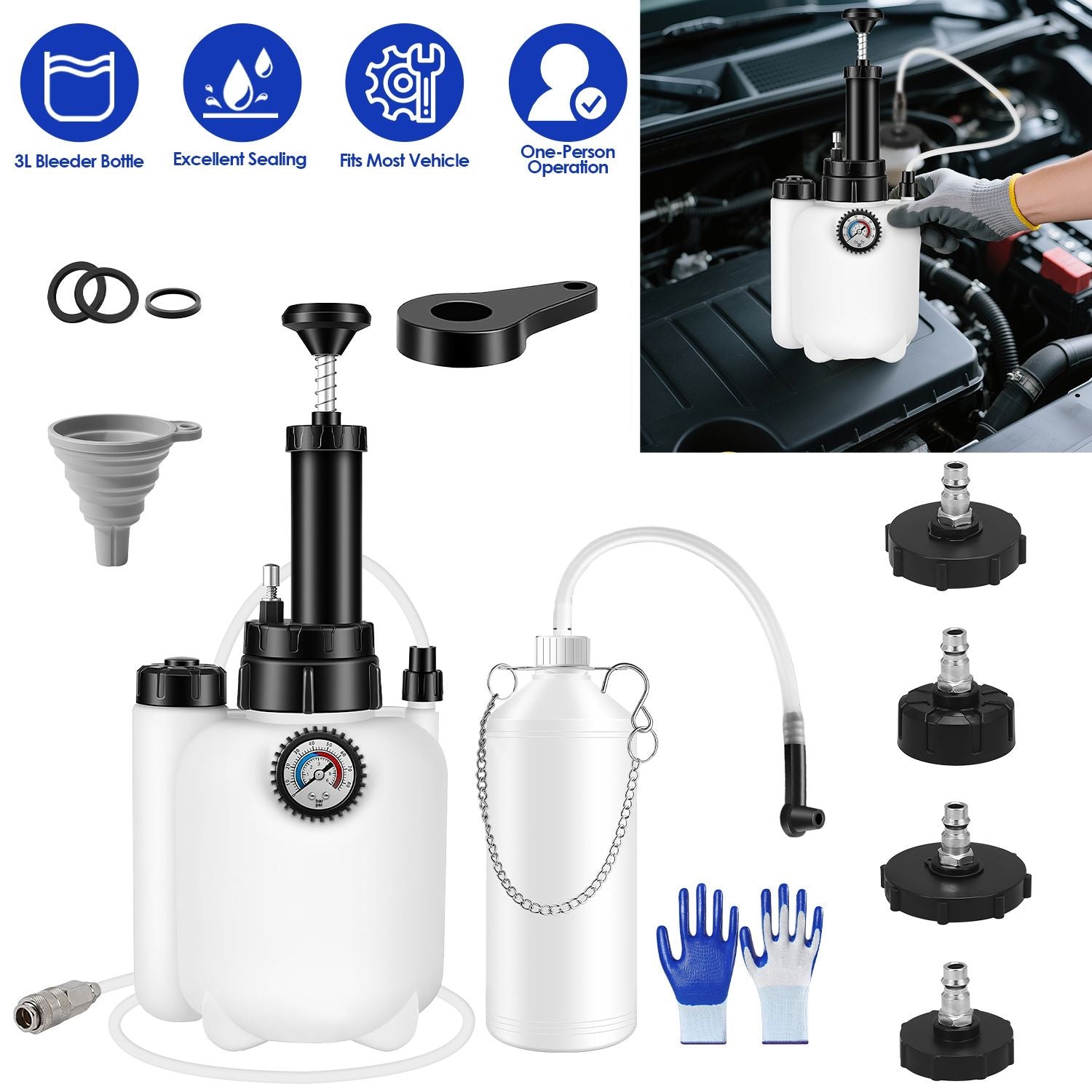 Brake pressure bleeder pump kit with white 3L reservoir, gauge, hoses, and adapters