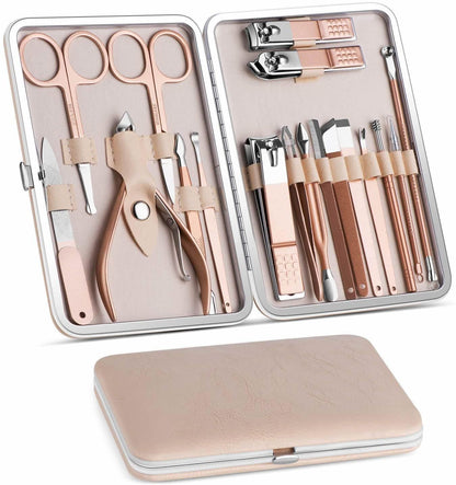 Manicure and pedicure tool set with pink rose gold tools in open metal case