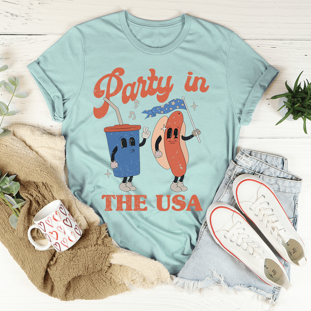Heather prism peach Party in the USA T-shirt with hot dog characters and “THE USA”