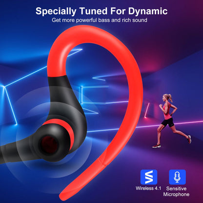 Red and black sport in-ear headset with over-ear hooks and ear tips