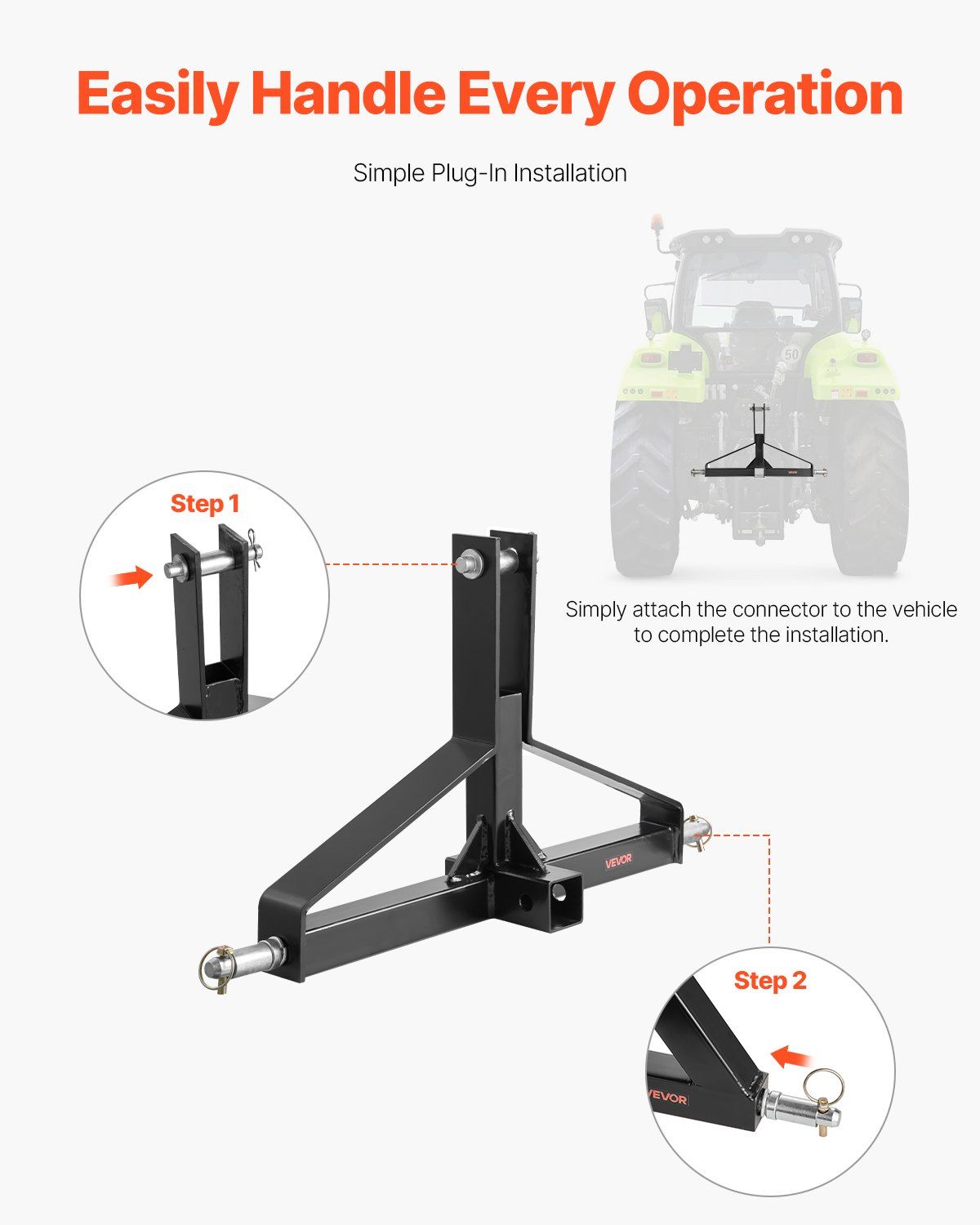 VEVOR 3-point trailer hitch with 2 in receiver, shown with connector for installation