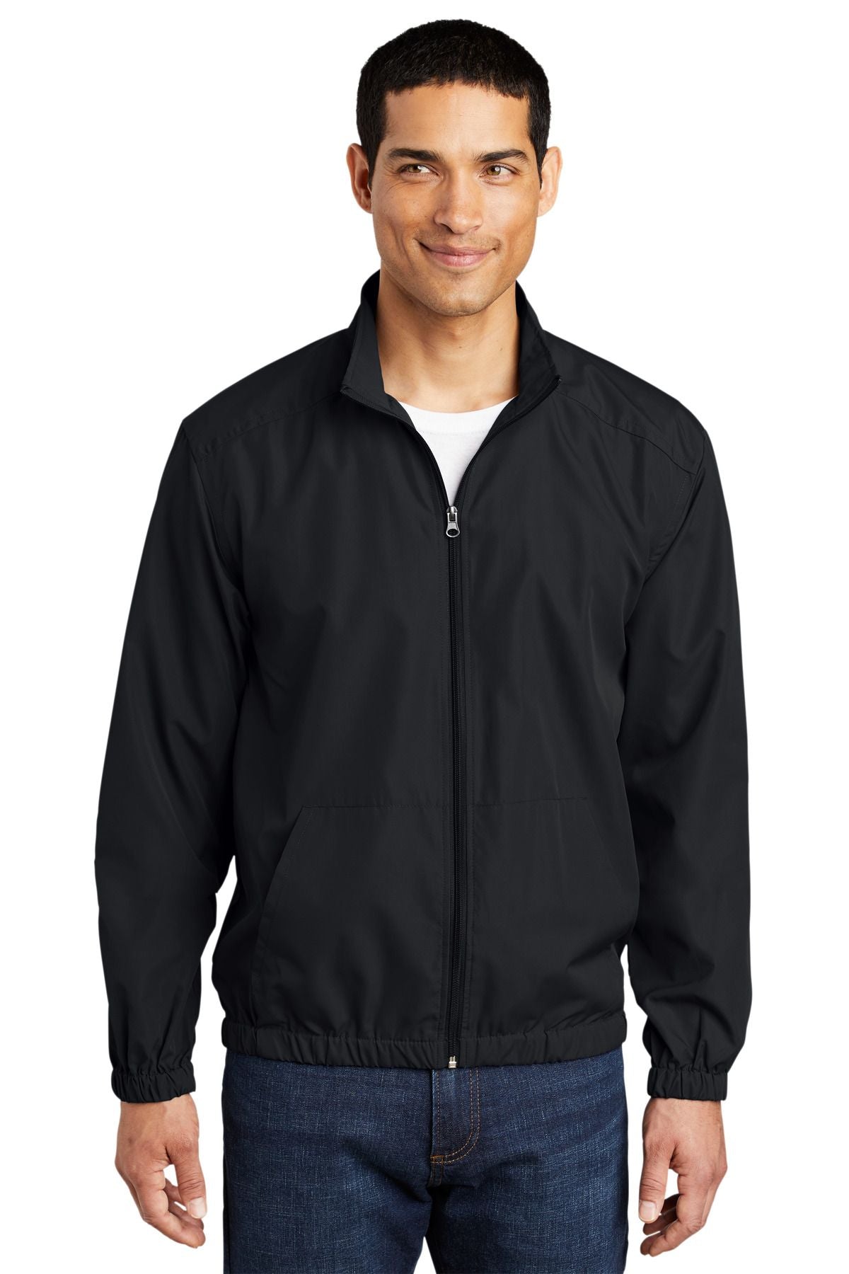 Black essential zip-up jacket with stand collar, front zipper, ribbed cuffs, and elastic hemline