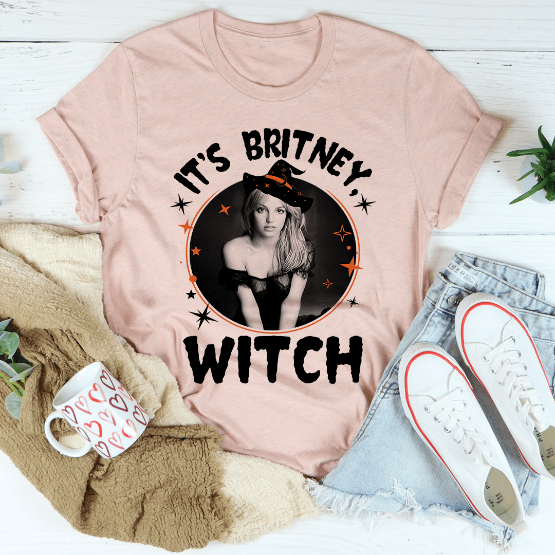Heather peach crewneck T-shirt with witch portrait graphic and bold 'WITCH' text