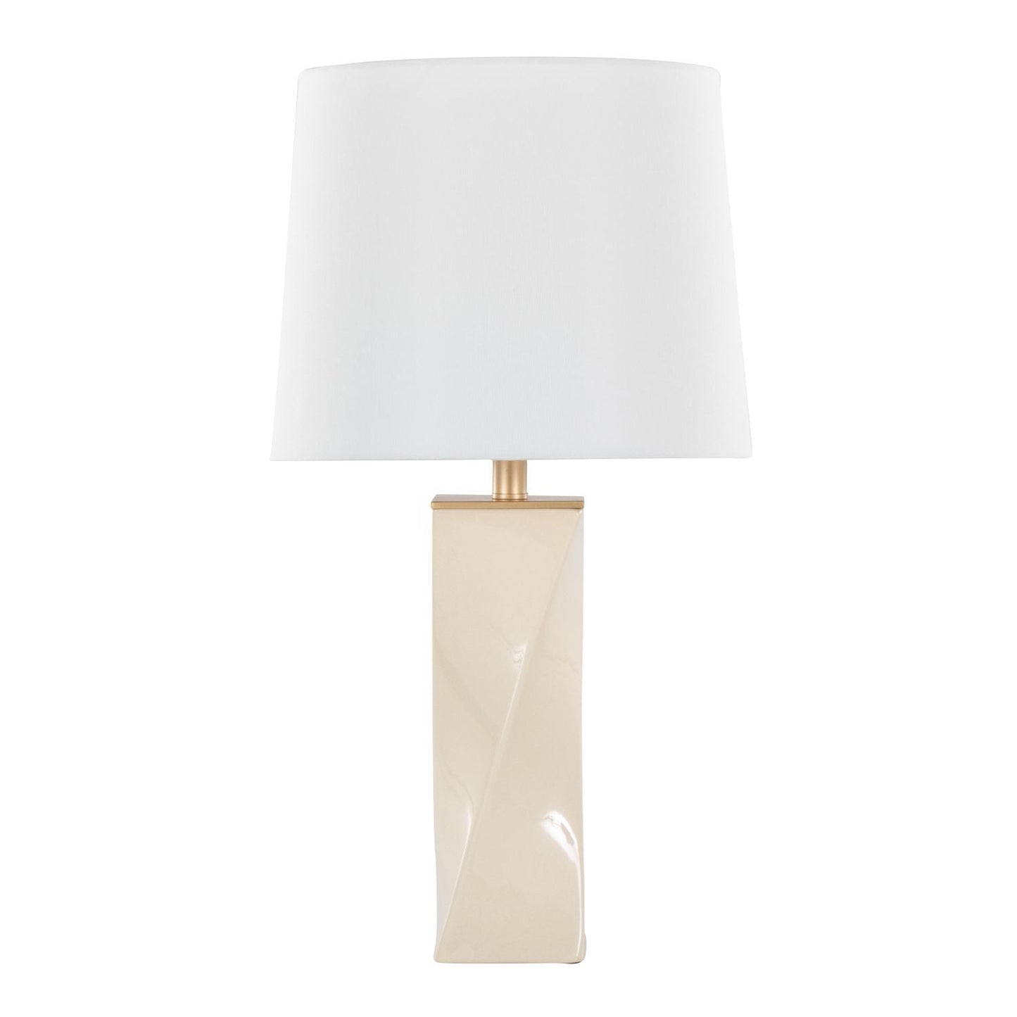 Curvo Square Contemporary 27" Ceramic Table Lamp in Cream Ceramic, Gold Metal, and White Linen by