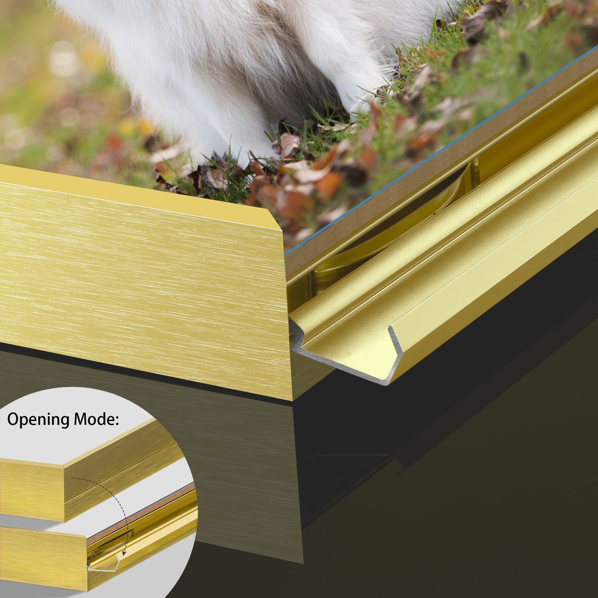 Gold frame corner with opening channel and edge detail, angled close-up