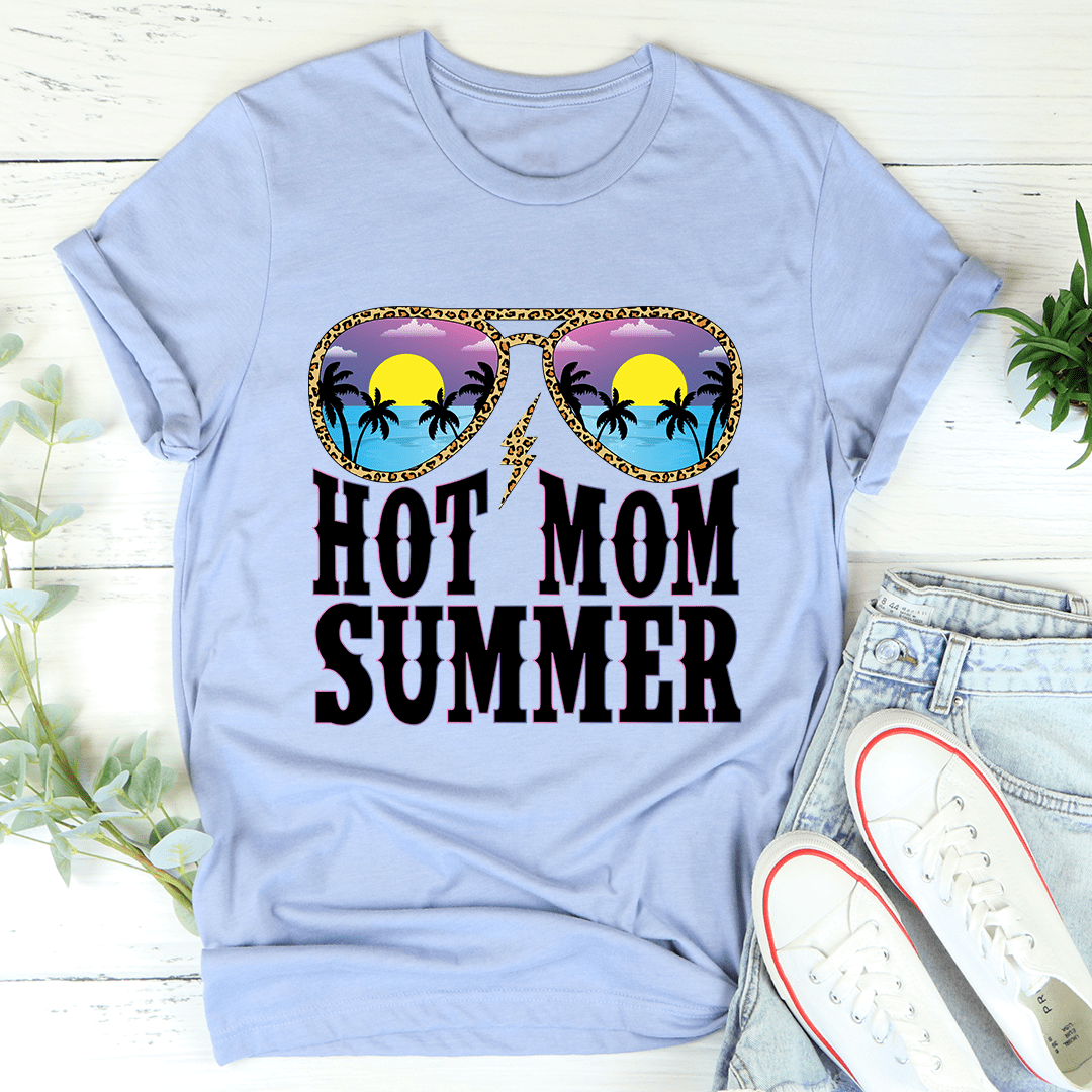 Heather blue graphic crewneck t-shirt: HOT MOM SUMMER sunglasses palm print