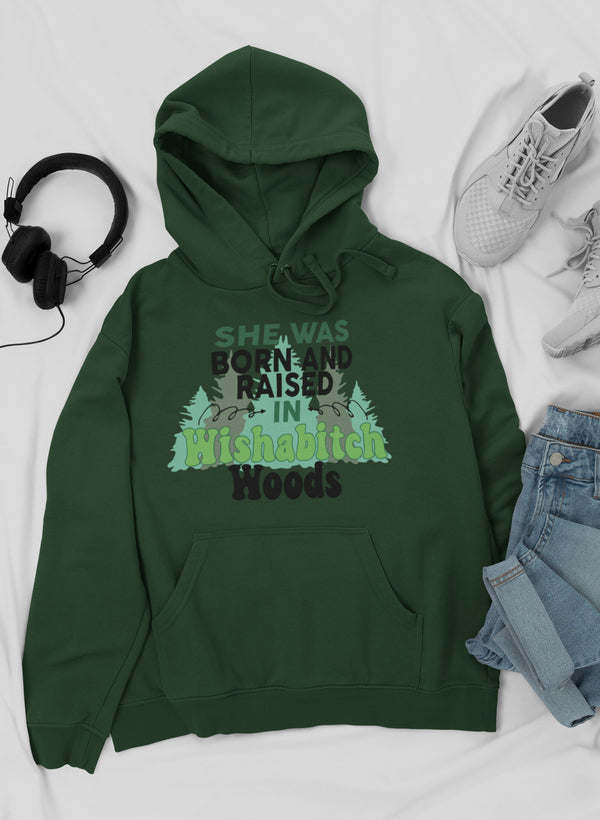 Forest green pullover hoodie with hood, drawstring, kangaroo pocket, front graphic