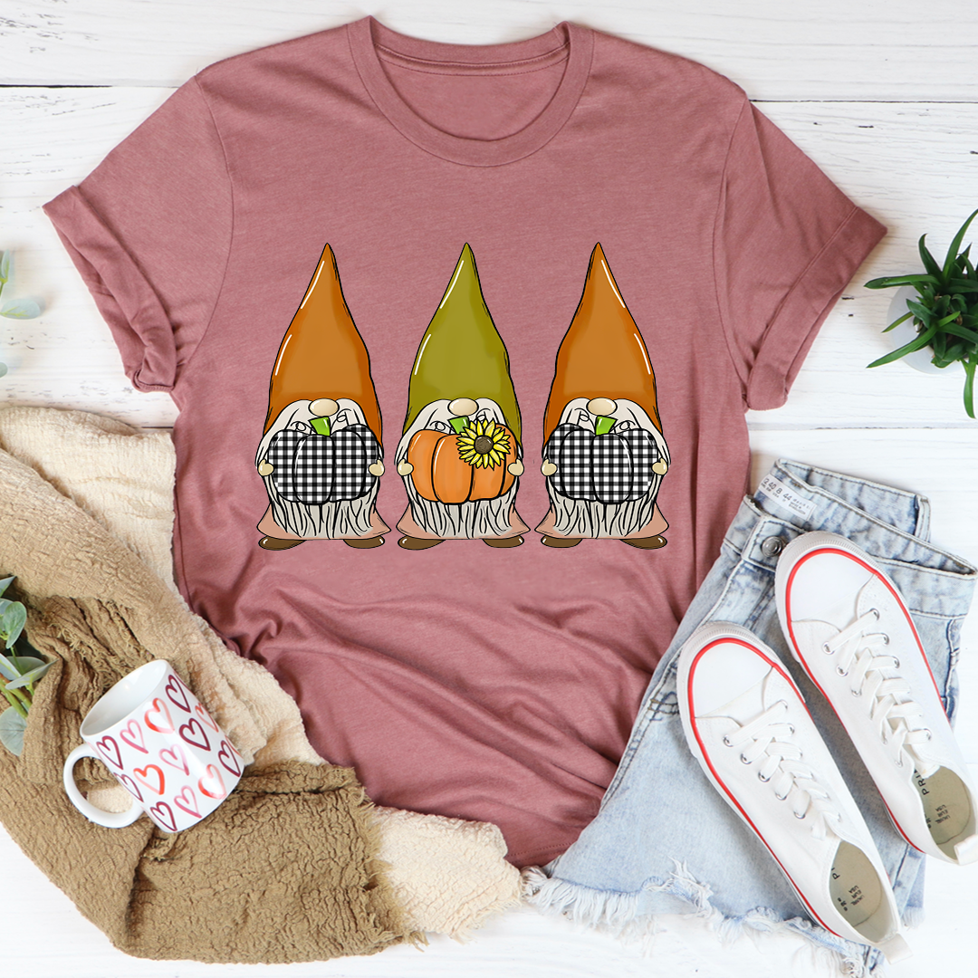 Mauve crewneck graphic T-shirt with three pumpkin gnome illustrations