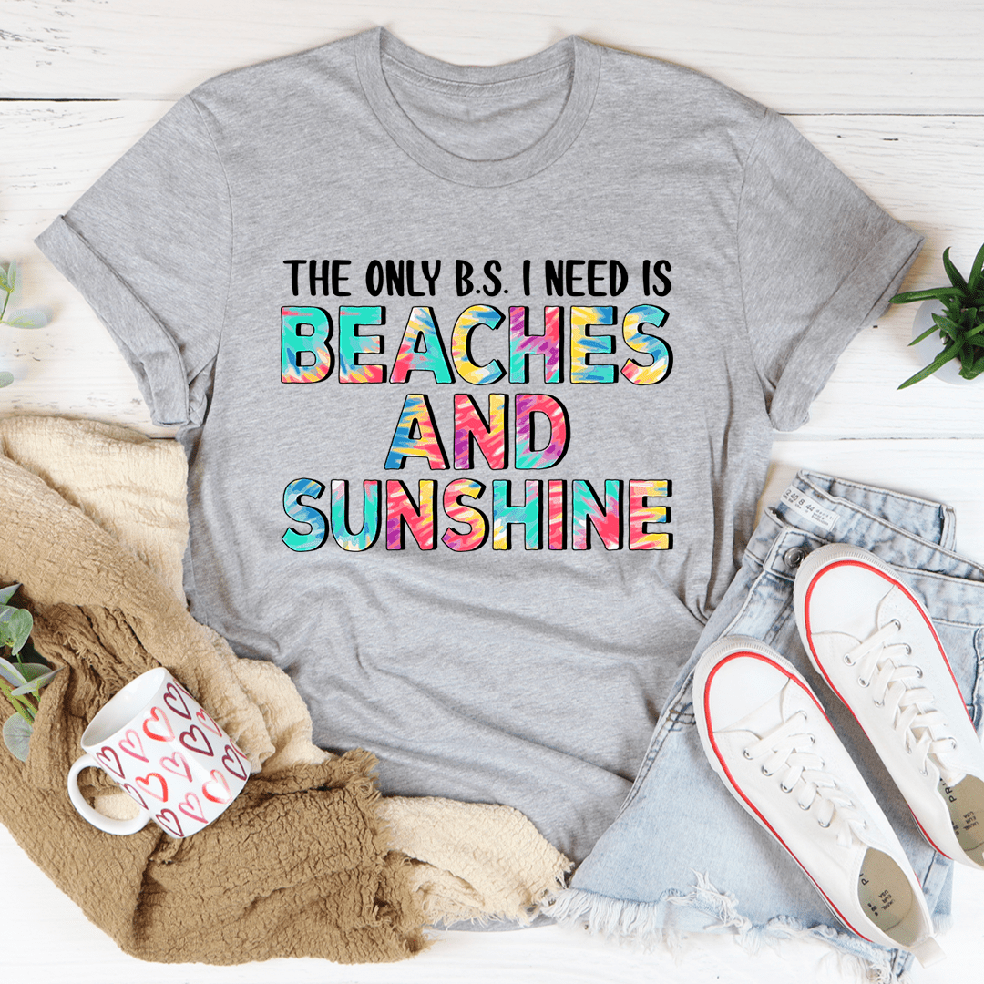 Heather gray T-shirt with colorful 'Beaches and Sunshine' graphic print