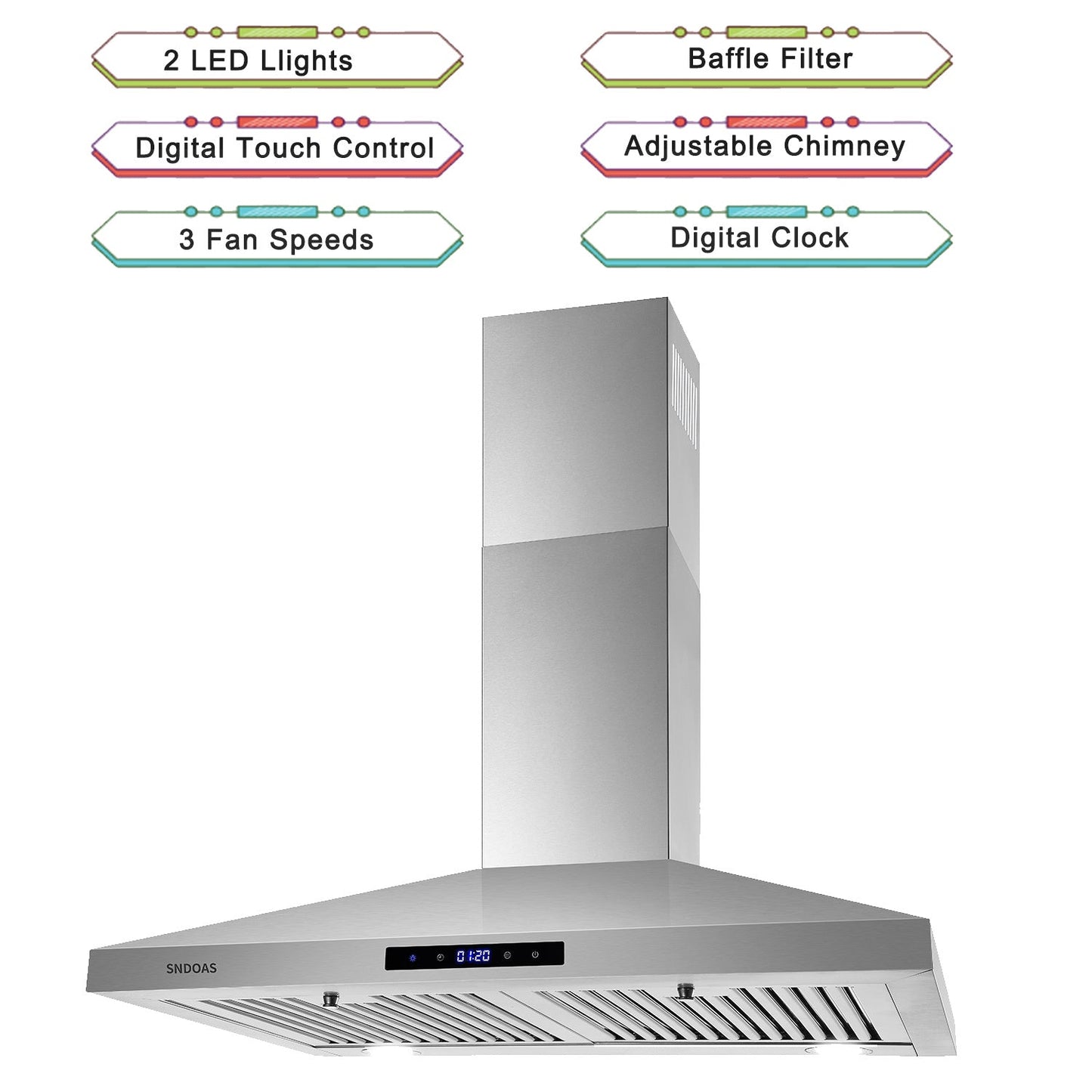 Wall mount kitchen hood with adjustable chimney and digital control panel
