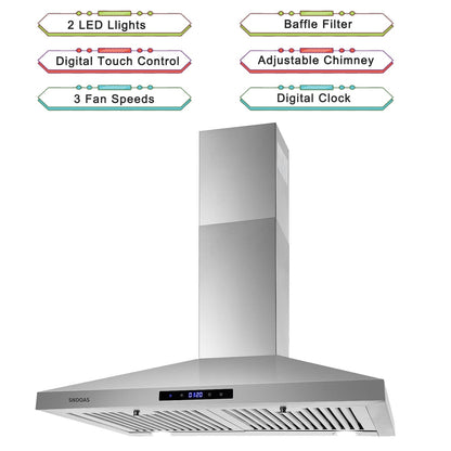 Wall mount kitchen hood with adjustable chimney and digital control panel