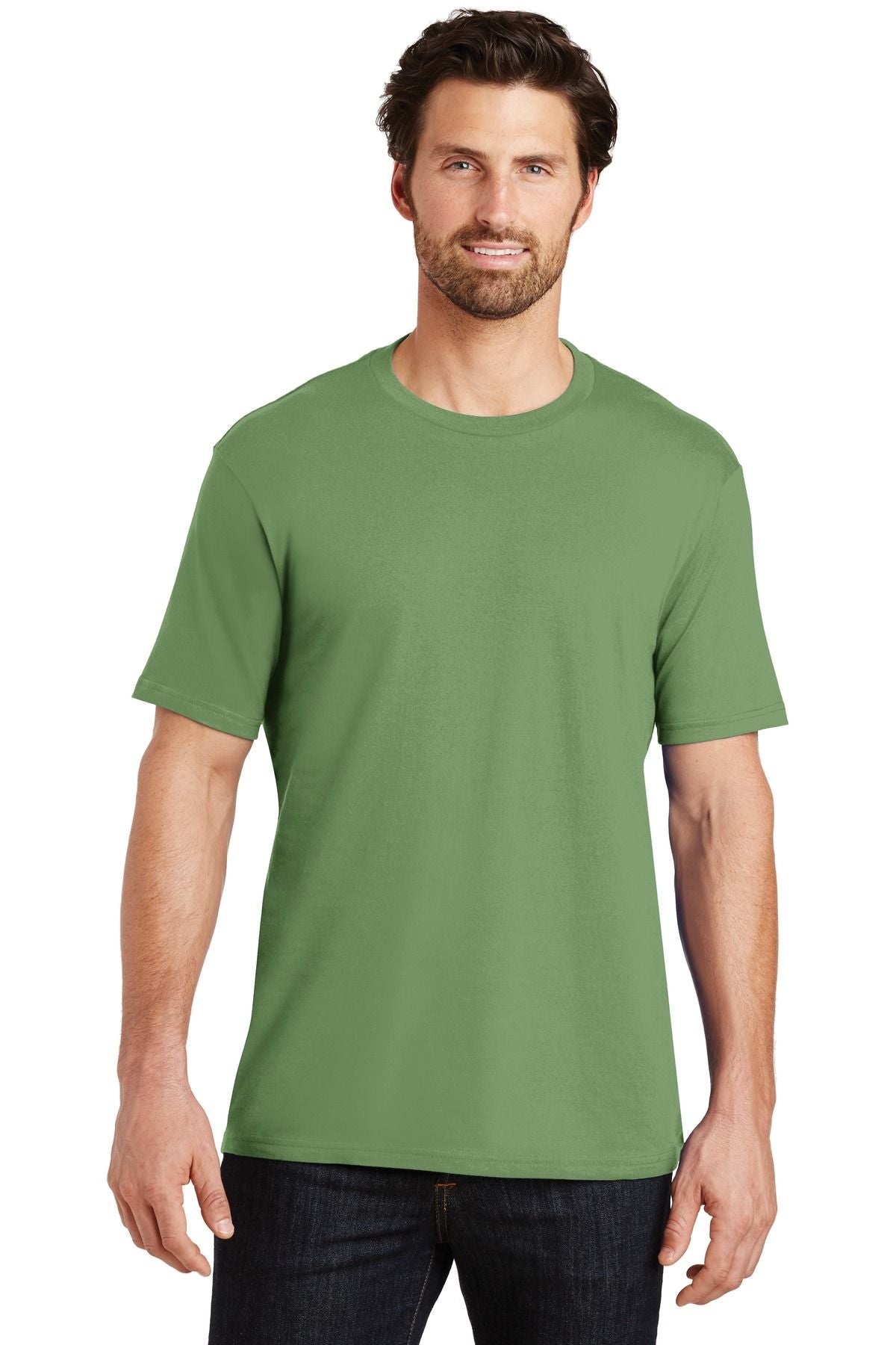 Green crew-neck tee with short sleeves and a pullover crew neckline