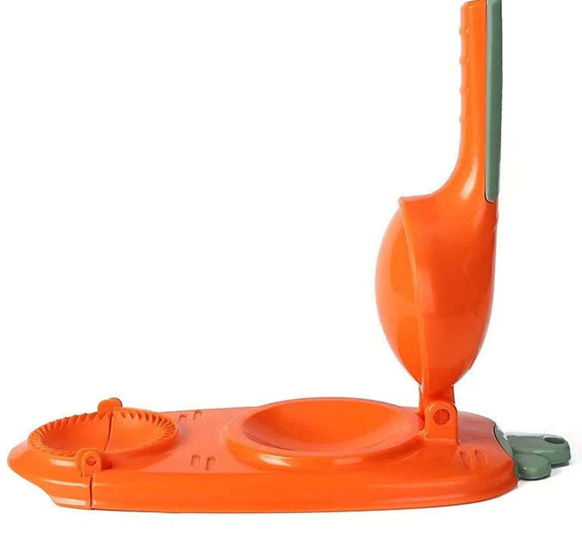 Orange dough press base with green handle and round crimping mold