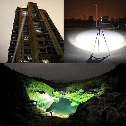 Tripod setup with zoomable flashlight projecting a wide beam in a dark walkway