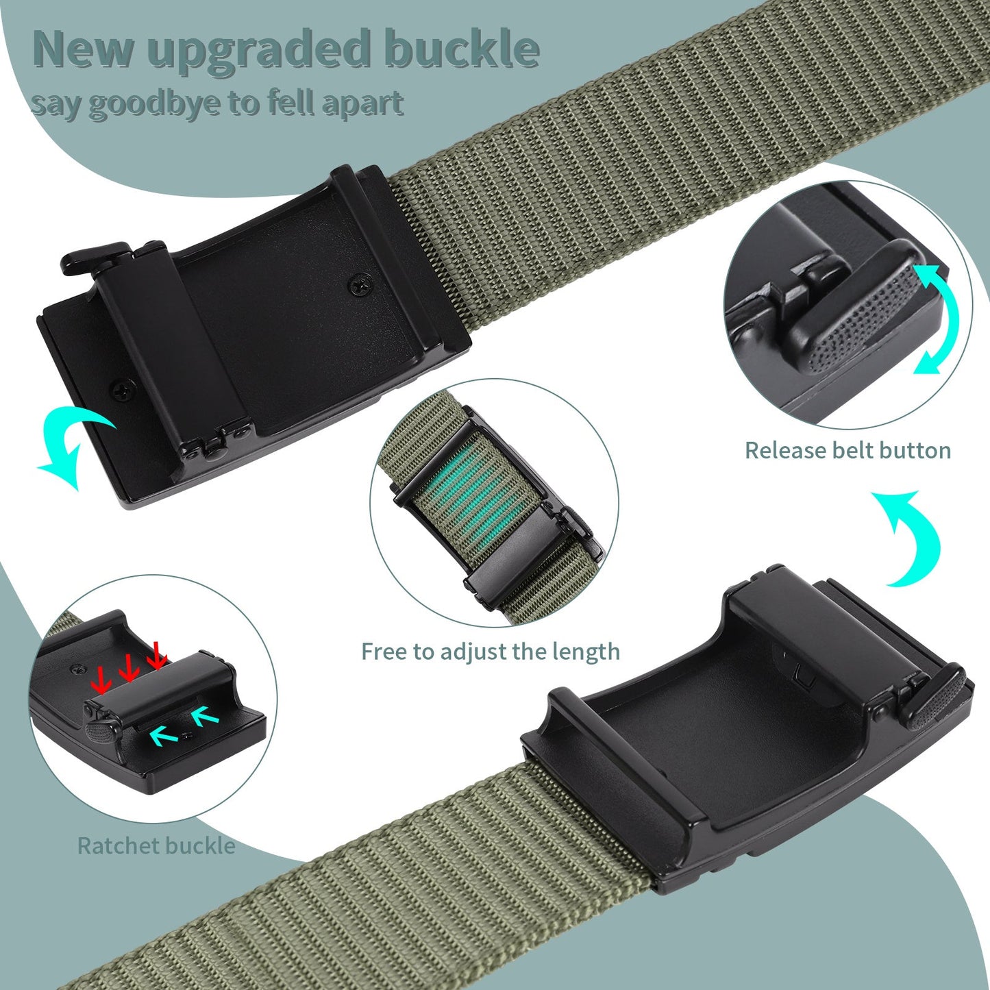 Khaki webbing ratchet buckle belt with black automatic buckle close-up