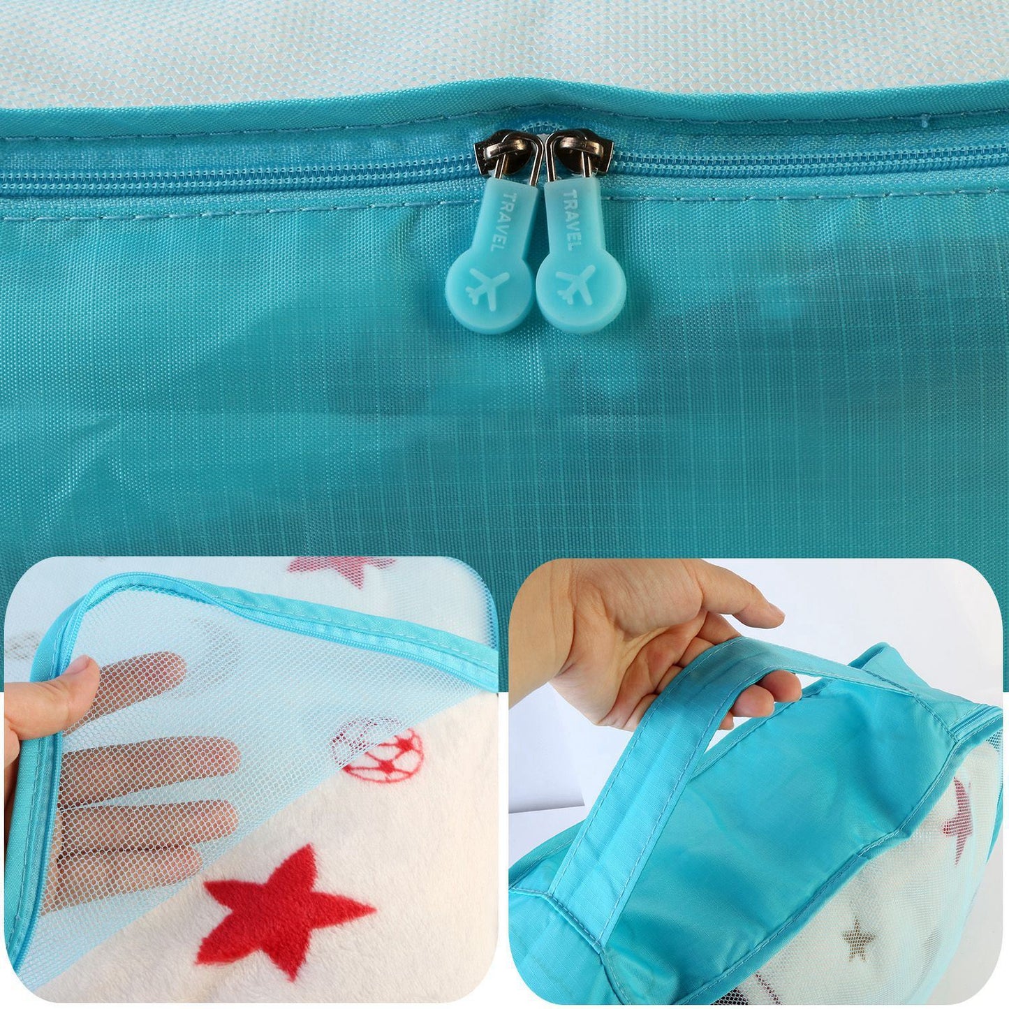 Turquoise packing cube with double zipper and round pull tabs
