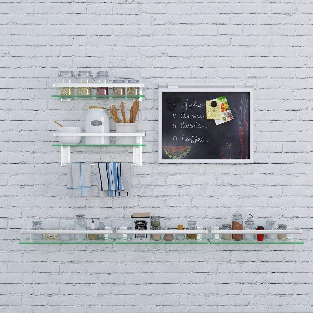 Wall-mounted 2-tier glass bathroom shelf with towel holder, clear glass and white frame