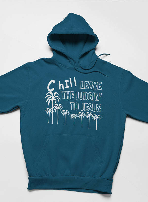 Teal hoodie with hood and front graphic text with palm trees