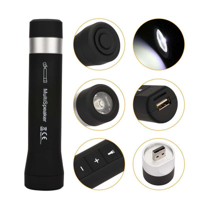 Black multi-functional Bluetooth speaker with top control buttons and built-in LED flashlight