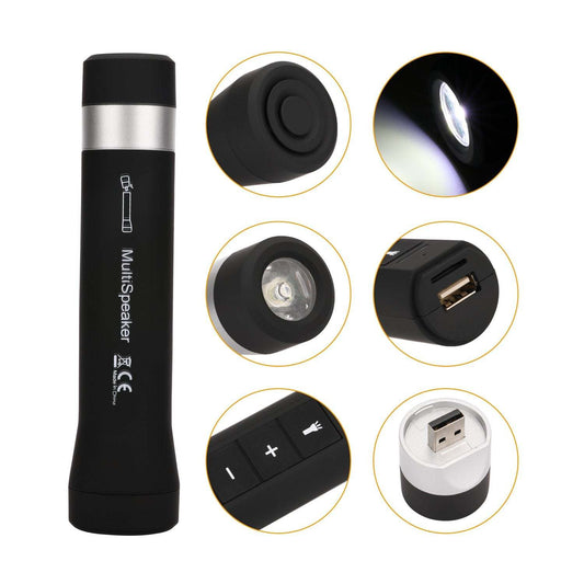 Black multi-functional Bluetooth speaker with top control buttons and built-in LED flashlight