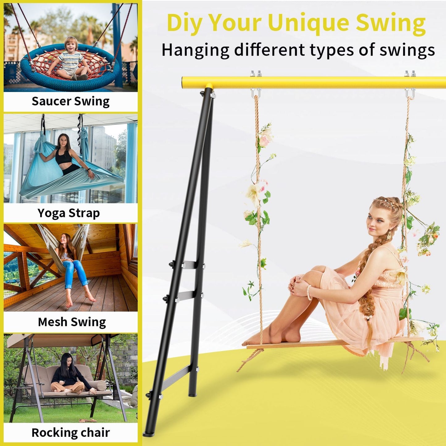 Metal Swing Stand Swing Sets for Backyard,Powder Coated Swing Frame of Swing Set with Extra Side Bars,880 Lbs Heavy-Duty A-Frame Outdoor Swing Fits Swing Chair,Porch Swing