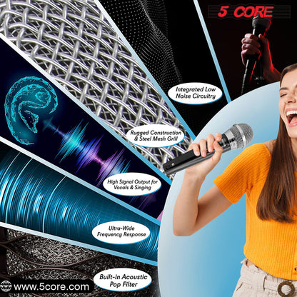 Woman singing into black handheld dynamic microphone with metal grille