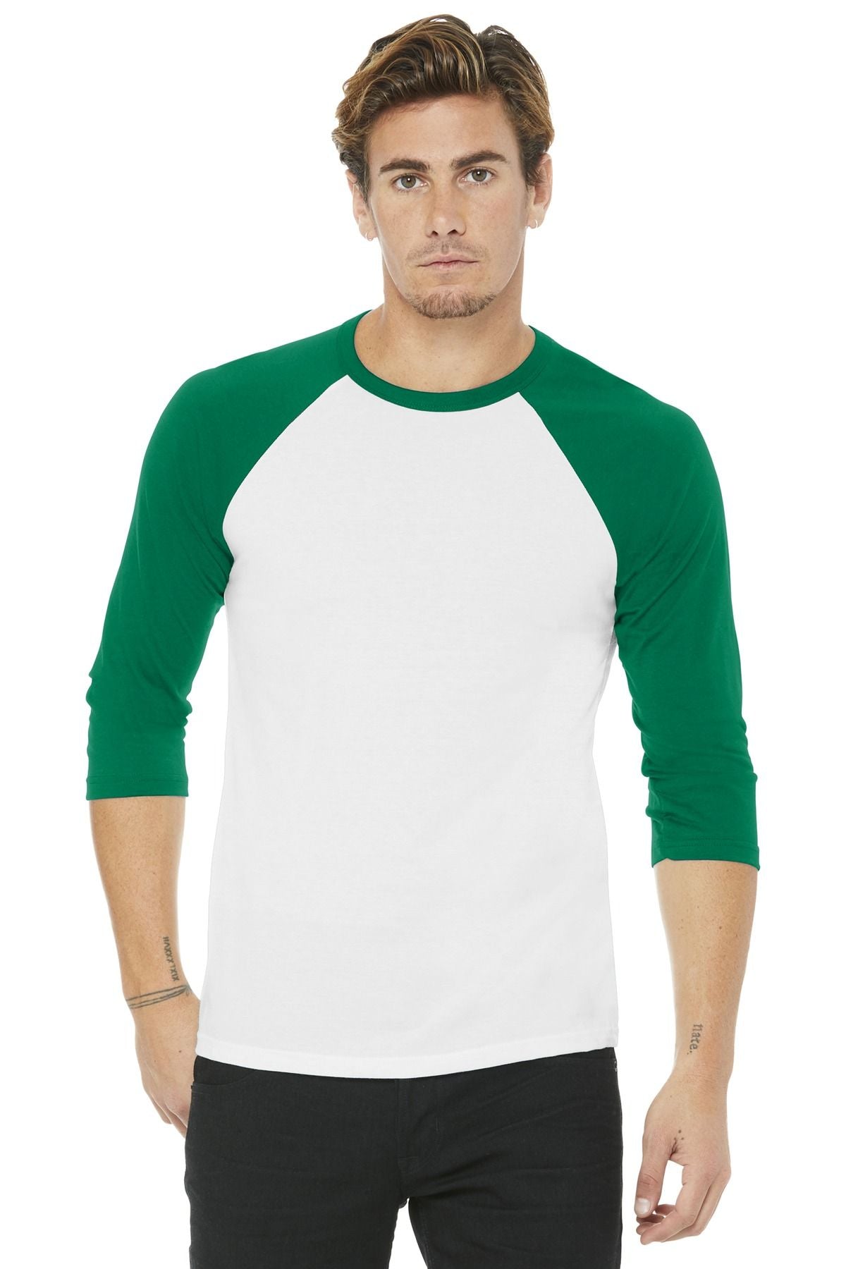 Unisex 3/4-sleeve baseball tee with white body and green raglan sleeves