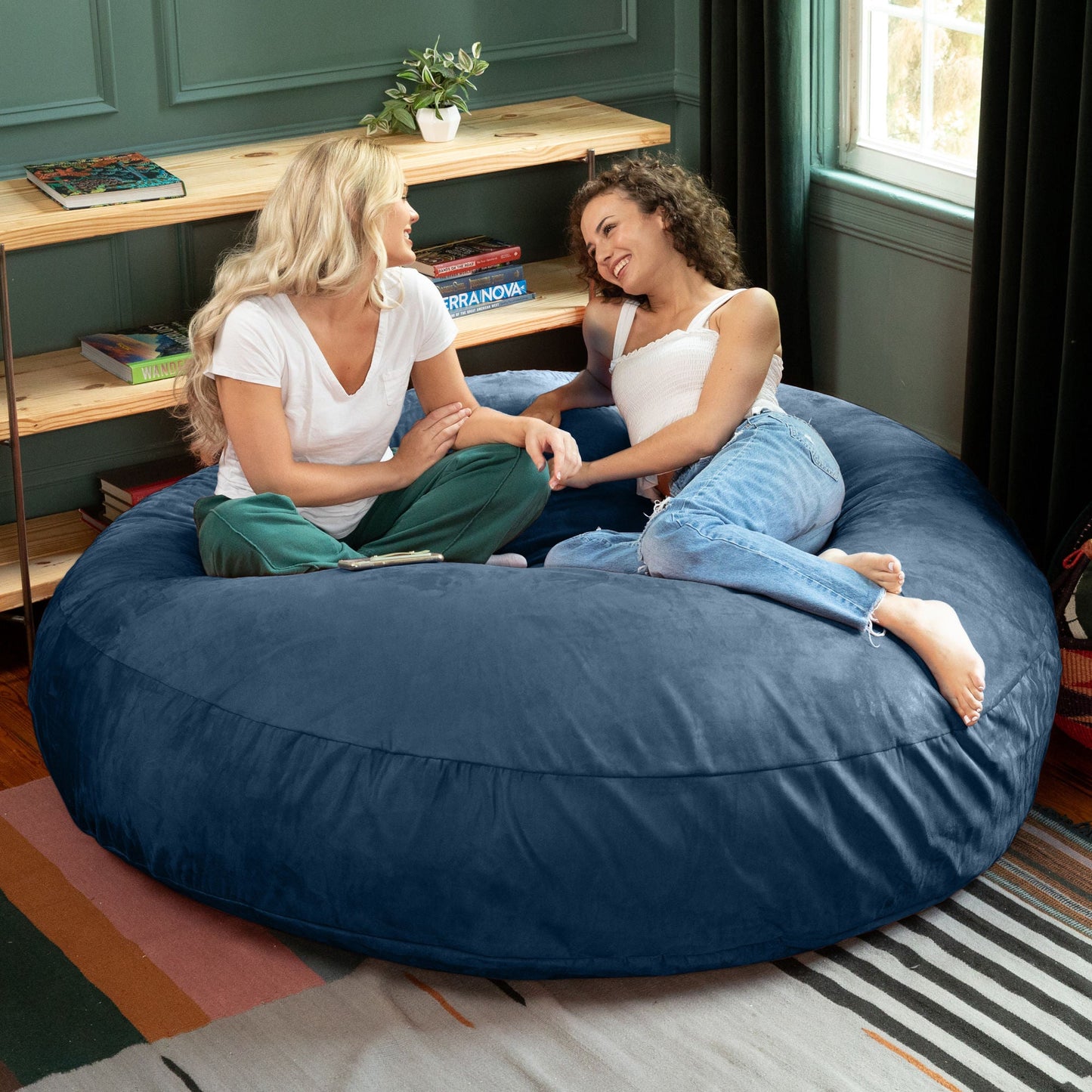 Navy microsuede cocoon bean bag chair, large rounded seat for two people
