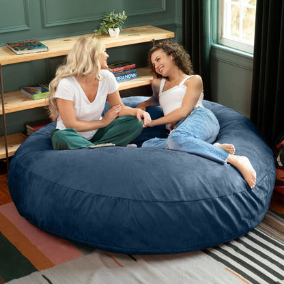 Navy microsuede cocoon bean bag chair, large rounded seat for two people