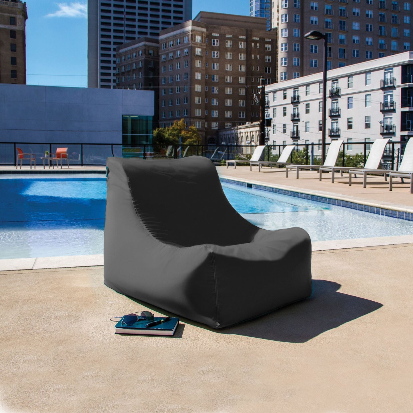 Slate gray bean bag chair with relaxed backrest and wide seat
