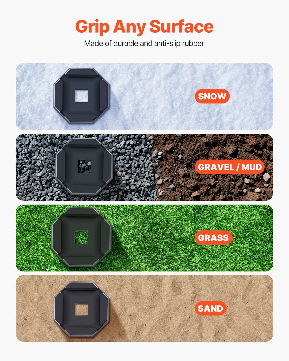 Octagonal black rubber jack pads with anti-slip tread for multiple outdoor surfaces