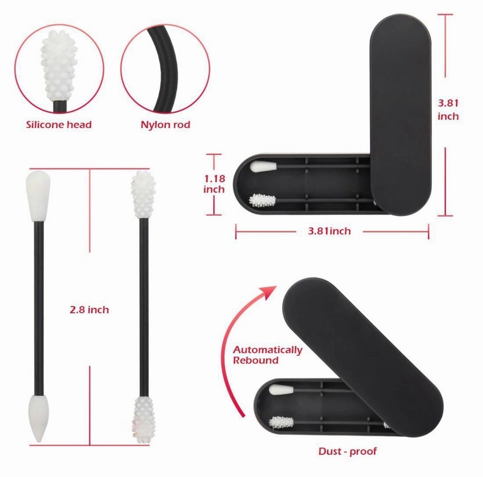 Reusable cotton swab with white bristle head and dark handle, dust-proof case shown