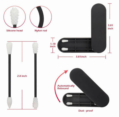 Reusable cotton swab with white bristle head and dark handle, dust-proof case shown