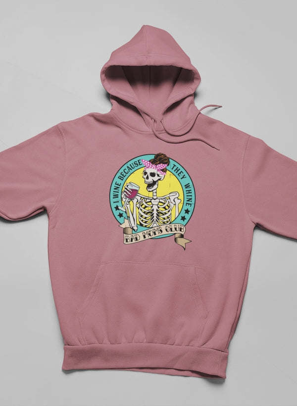 Mauve pullover hoodie with front circular skeleton holding wine graphic, hood up